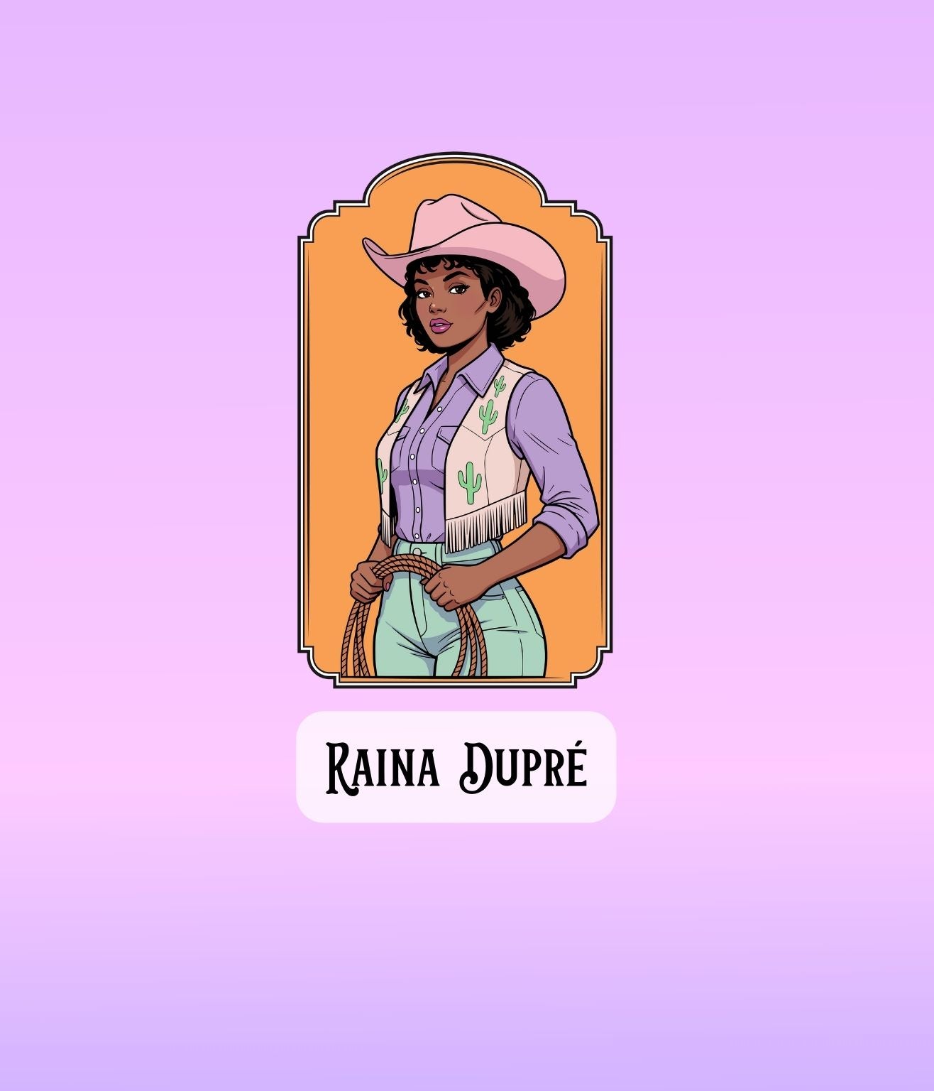 llustrated Raina Dupré cowgirl sticker with purple tones and a bold decorative border.