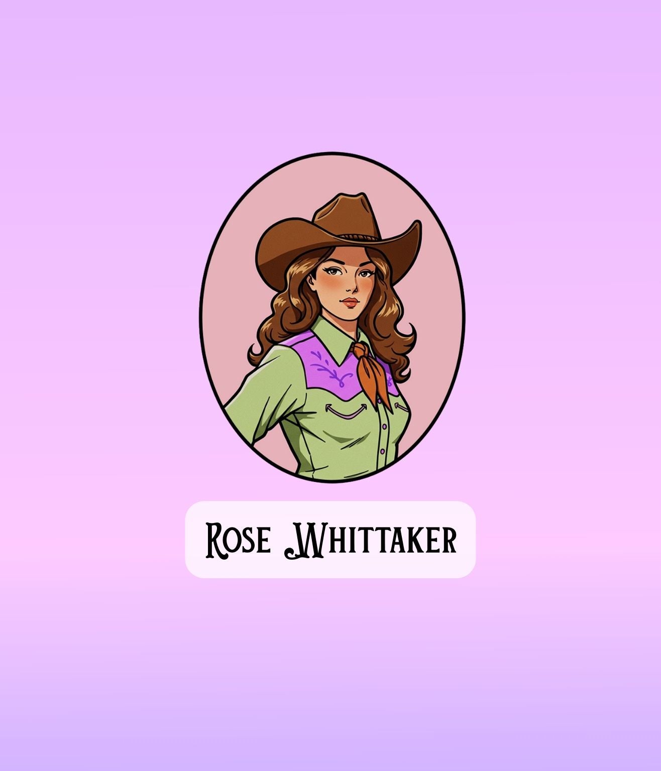 Illustrated Rose Whittaker cowgirl sticker featuring a rosy pink background and Western frame.