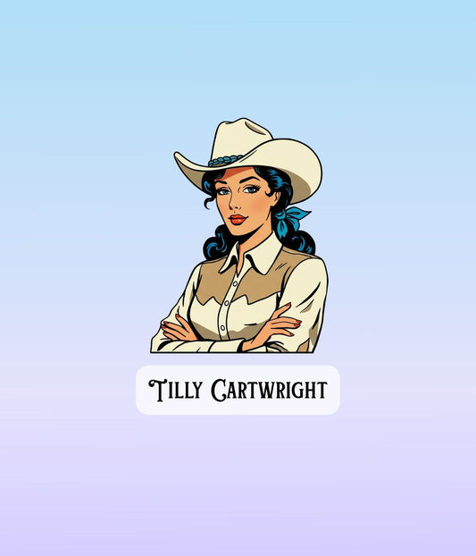 Illustrated Tilly Cartwright cowgirl sticker with a gradient background.