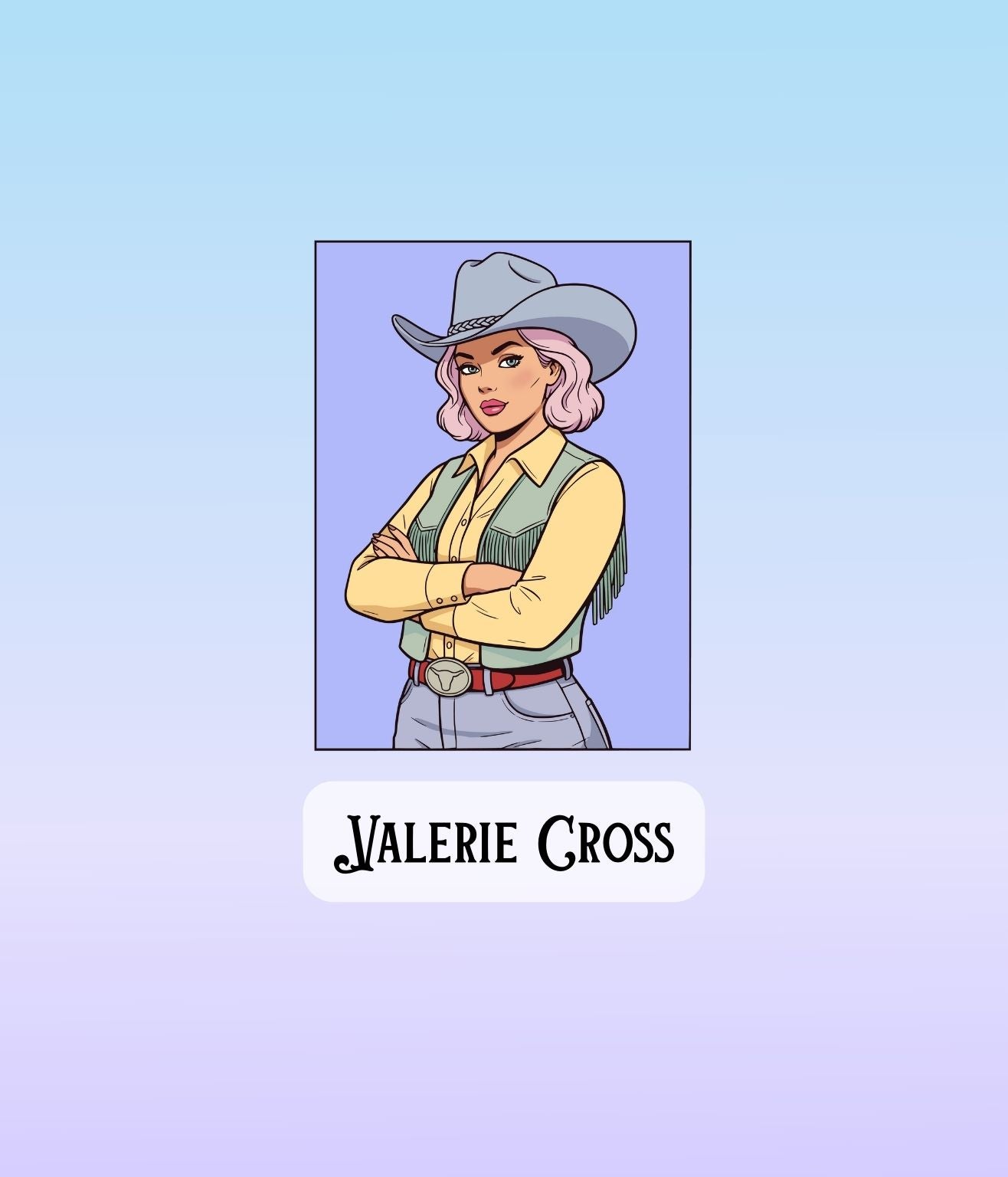 Illustrated Valerie Cross cowgirl sticker with a soft blue gradient background and ornate border.