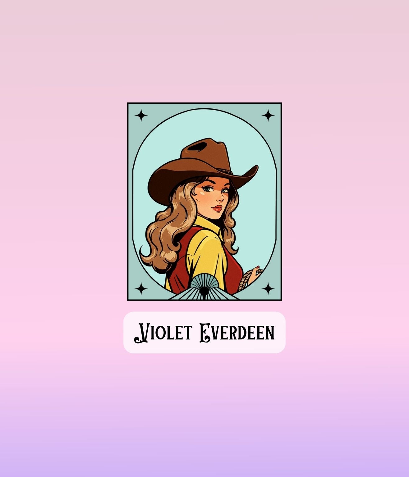 Illustrated Violet Everdeen cowgirl sticker with turquoise details and Western-style frame.