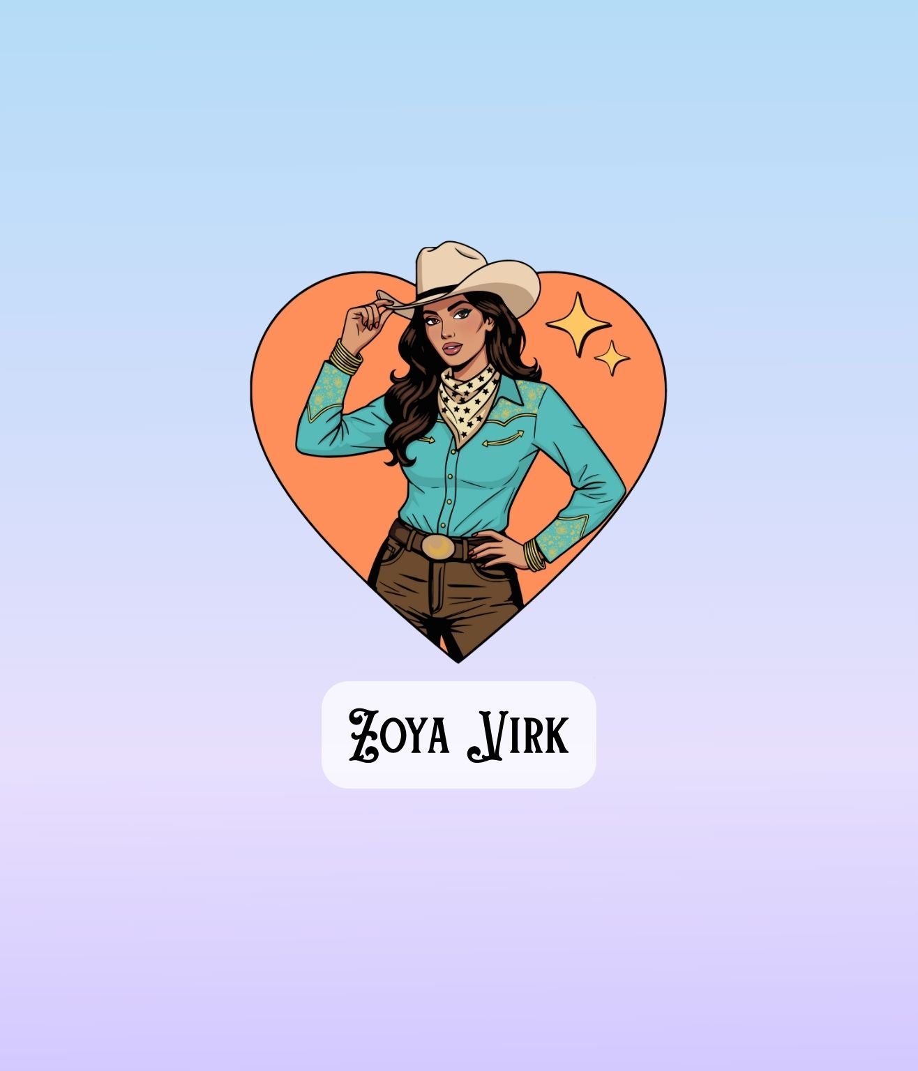 Illustrated Zoya Virk cowgirl sticker featuring a heart-shaped background and floral frame.