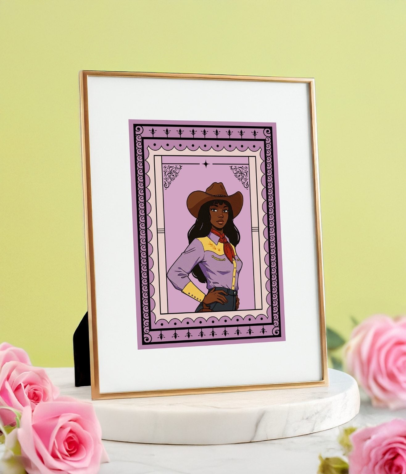 Cowgirl portrait in ornate frame displayed on a marble platform with a soft green background.