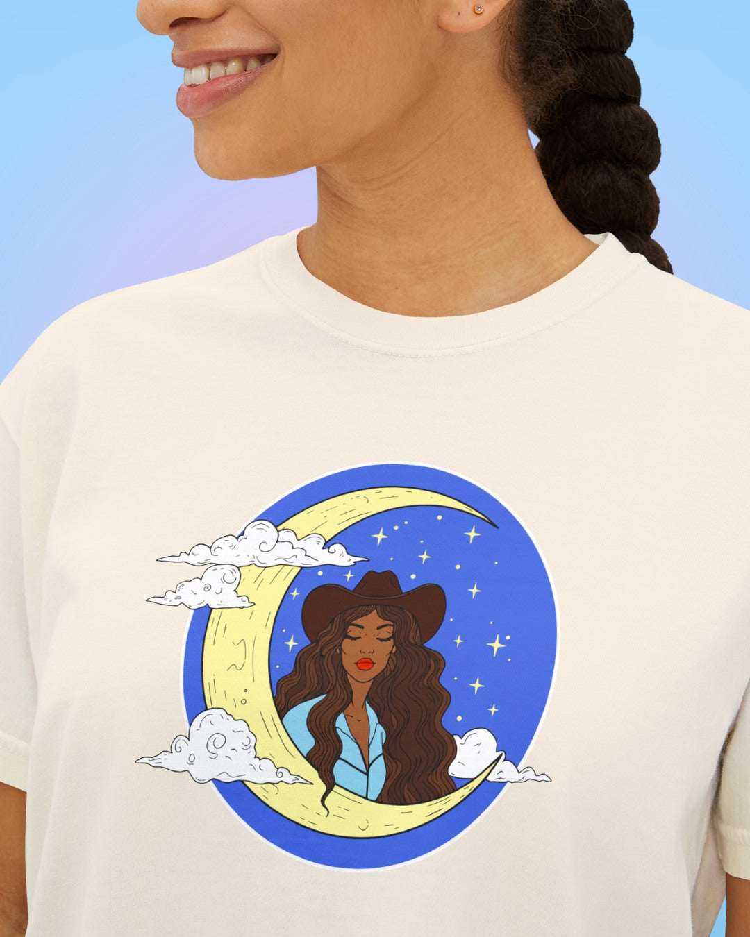 Close-up of Crescent Moon Goddess illustrated artwork with softly faded vintage-style print.