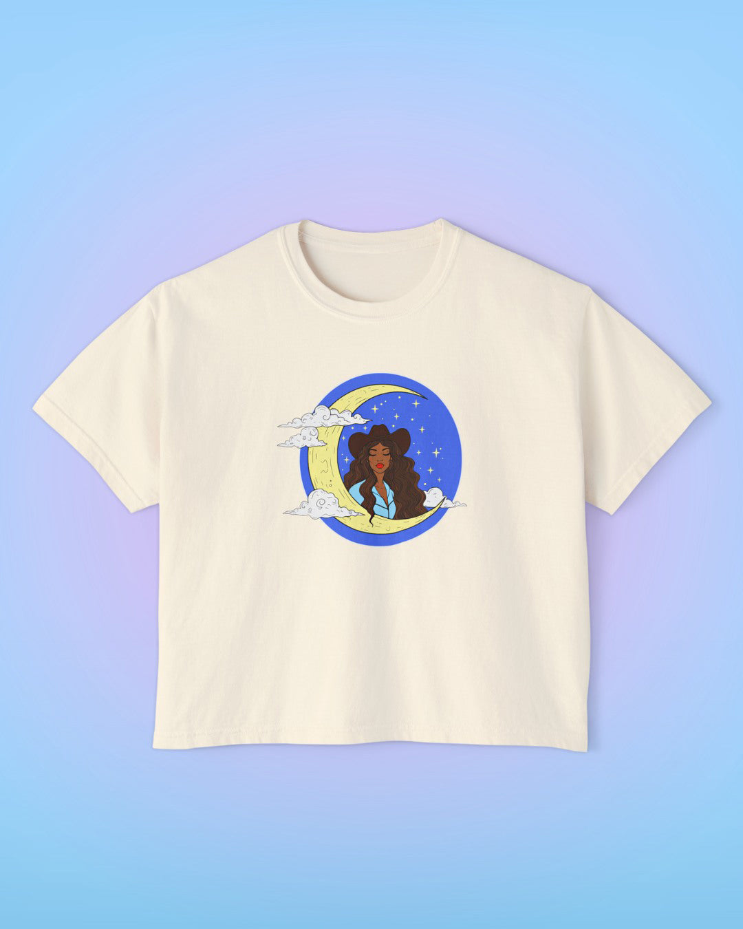 Ivory cropped t-shirt with Crescent Moon Goddess illustrated artwork on the front.