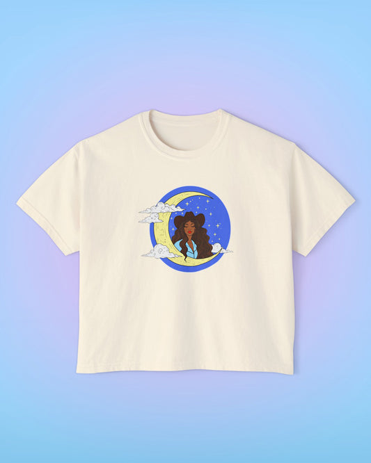 Ivory cropped t-shirt with Crescent Moon Goddess illustrated artwork on the front.
