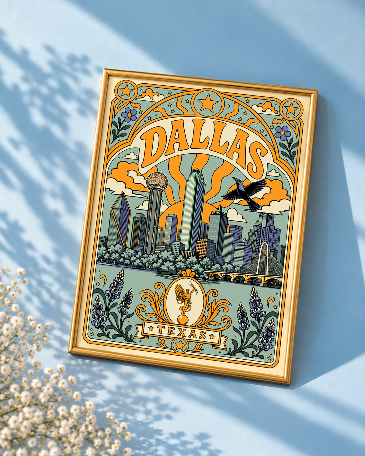 Sage color Dallas skyline wall art displayed in a thin modern gold frame with Reunion Tower, downtown Dallas and Texas details.