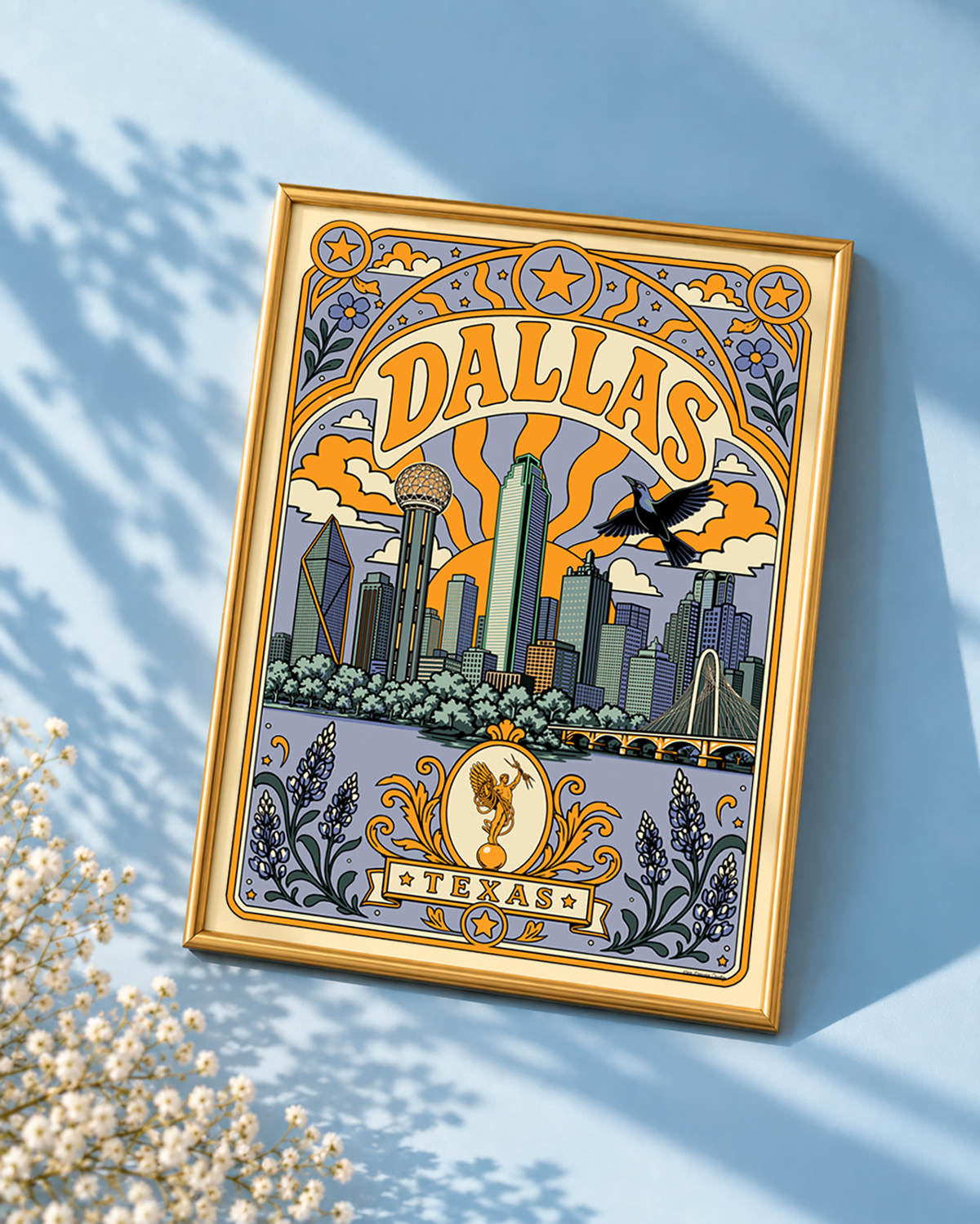 Dallas skyline wall art displayed in a thin modern gold frame with Reunion Tower, downtown Dallas and Texas details.