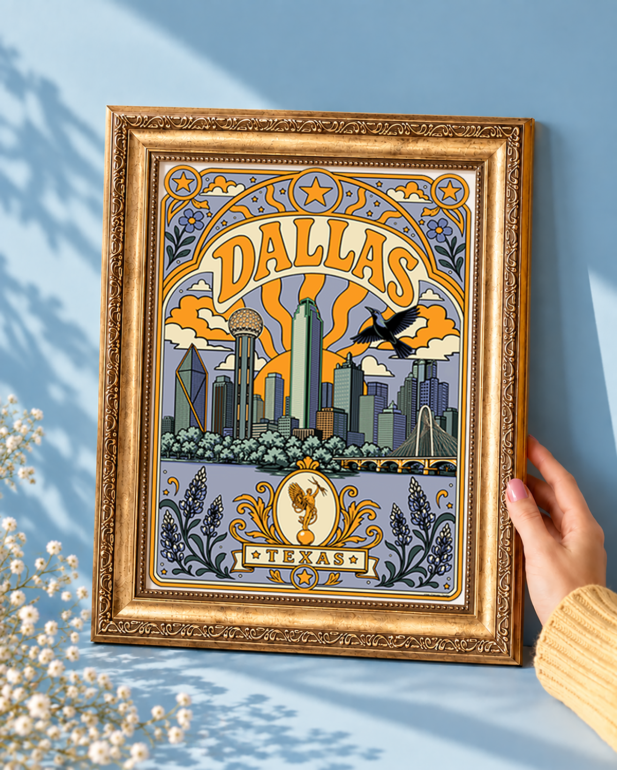 Dallas skyline print displayed without a mat in an ornate vintage gold frame, featuring iconic Dallas landmarks and bluebonnets.