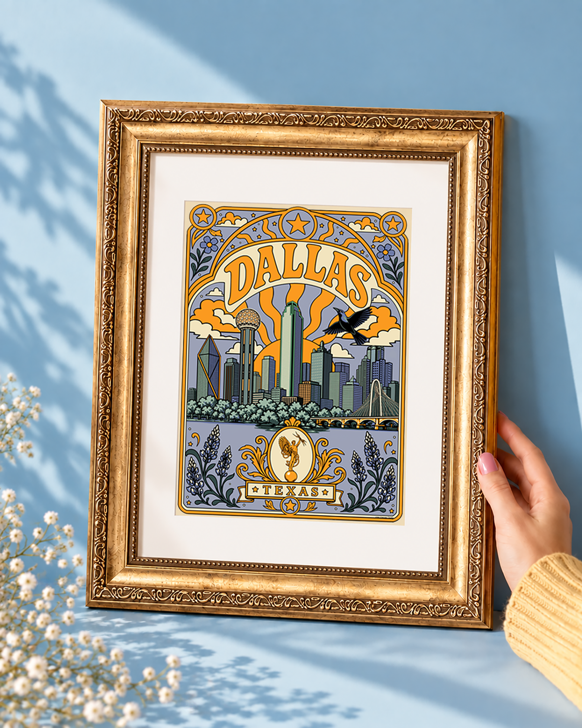 Dallas Texas art print displayed with a white mat in an ornate gold frame, featuring the downtown skyline and Reunion Tower.