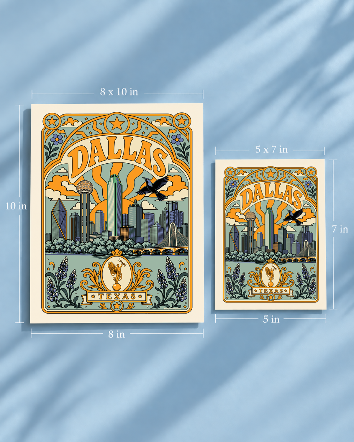 Dallas Texas art print in sage colorway shown in 5 x 7 inch and 8 x 10 inch unframed sizes for scale comparison.