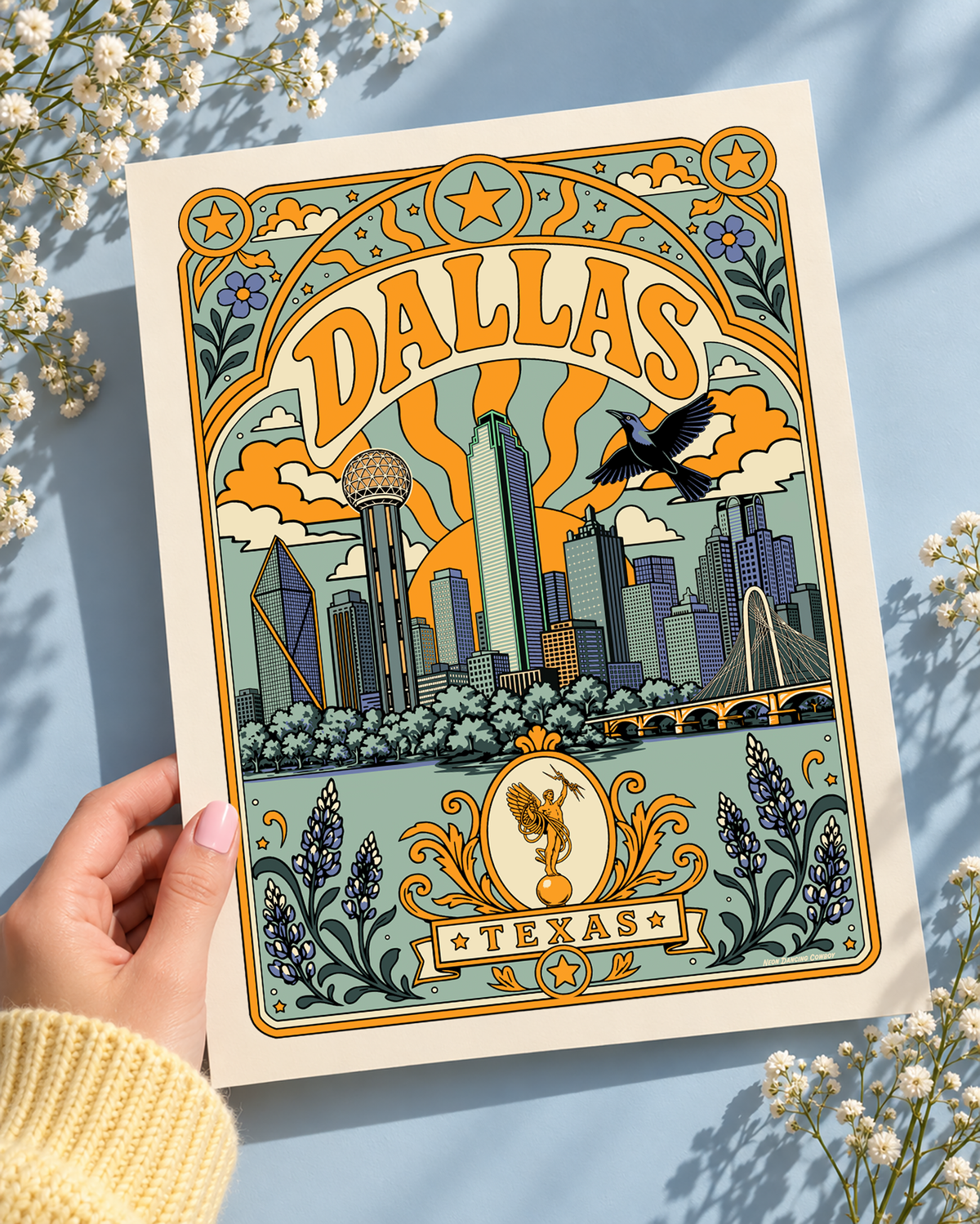 Dallas Texas skyline art print in sage color featuring Reunion Tower, downtown landmarks, bluebonnets and vintage-inspired typography.