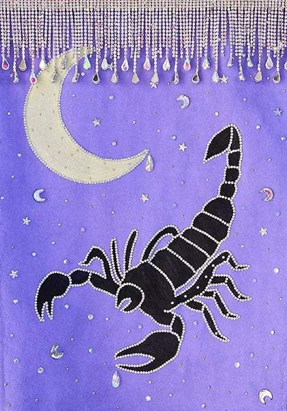 Close-up of purple painted scorpion panel with rhinestones on denim jacket.