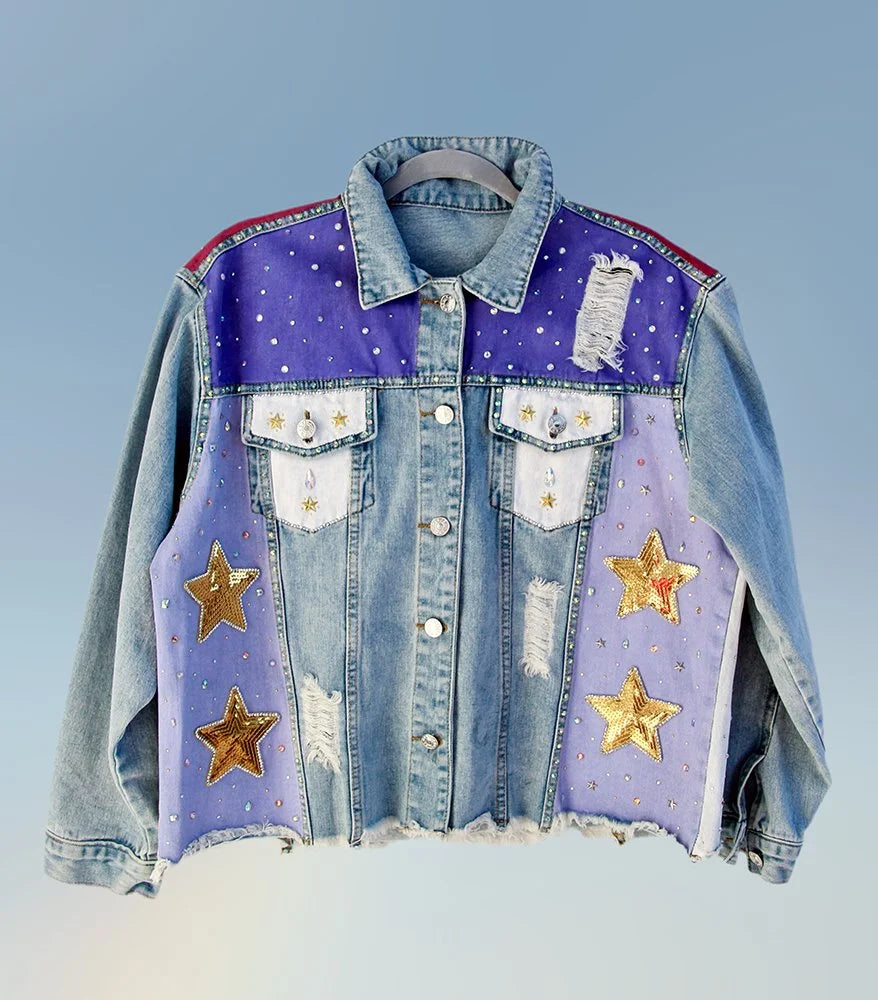 Front view of hand-painted Desert Nights denim jacket in size XL with star embellishments.