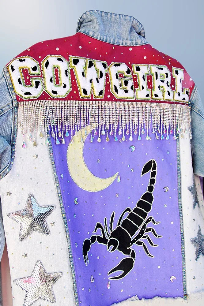 Painted shoulder panels with rhinestones on Desert Nights denim jacket.