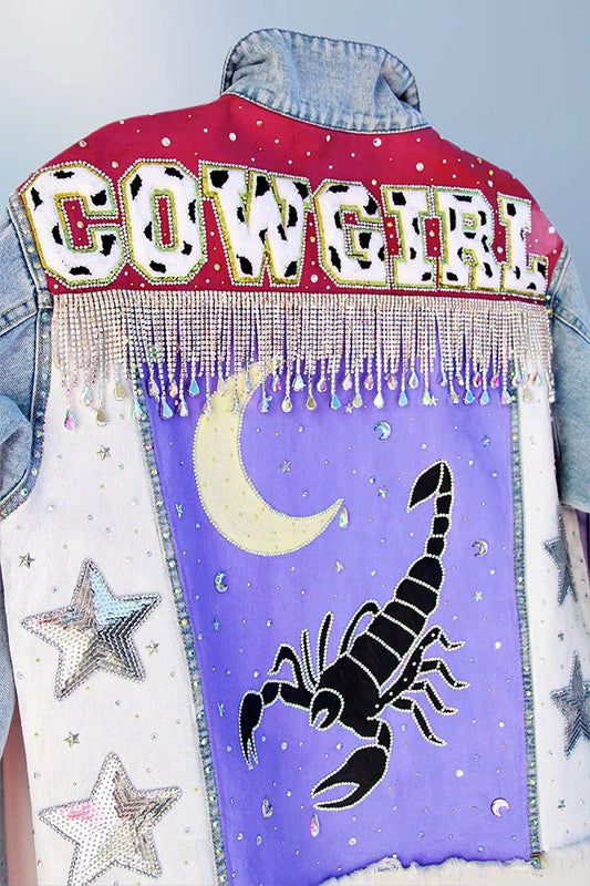 Painted shoulder panels with rhinestones on Desert Nights denim jacket.