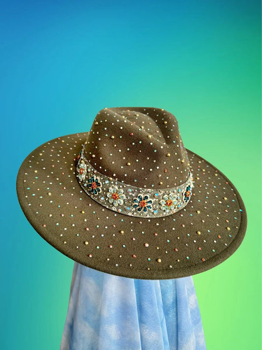 Forest green fedora with multicolor rhinestones and floral beaded hat band, front angle view.