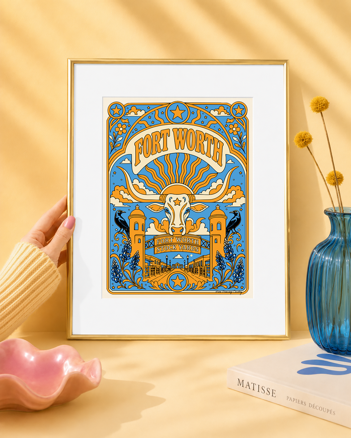 Fort Worth, Texas art print with a white mat displayed in a modern gold frame