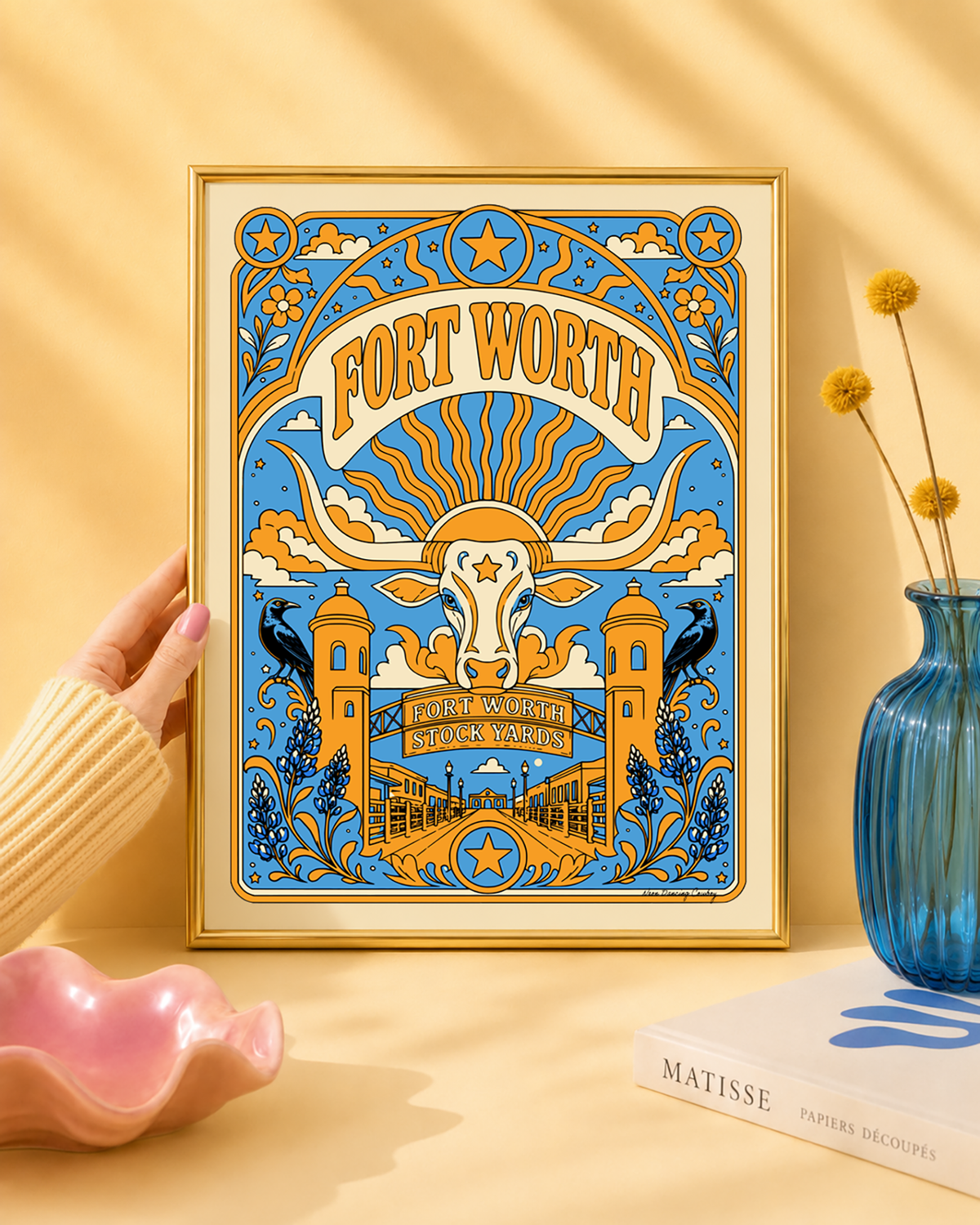 Fort Worth, Texas art print displayed in a modern gold frame