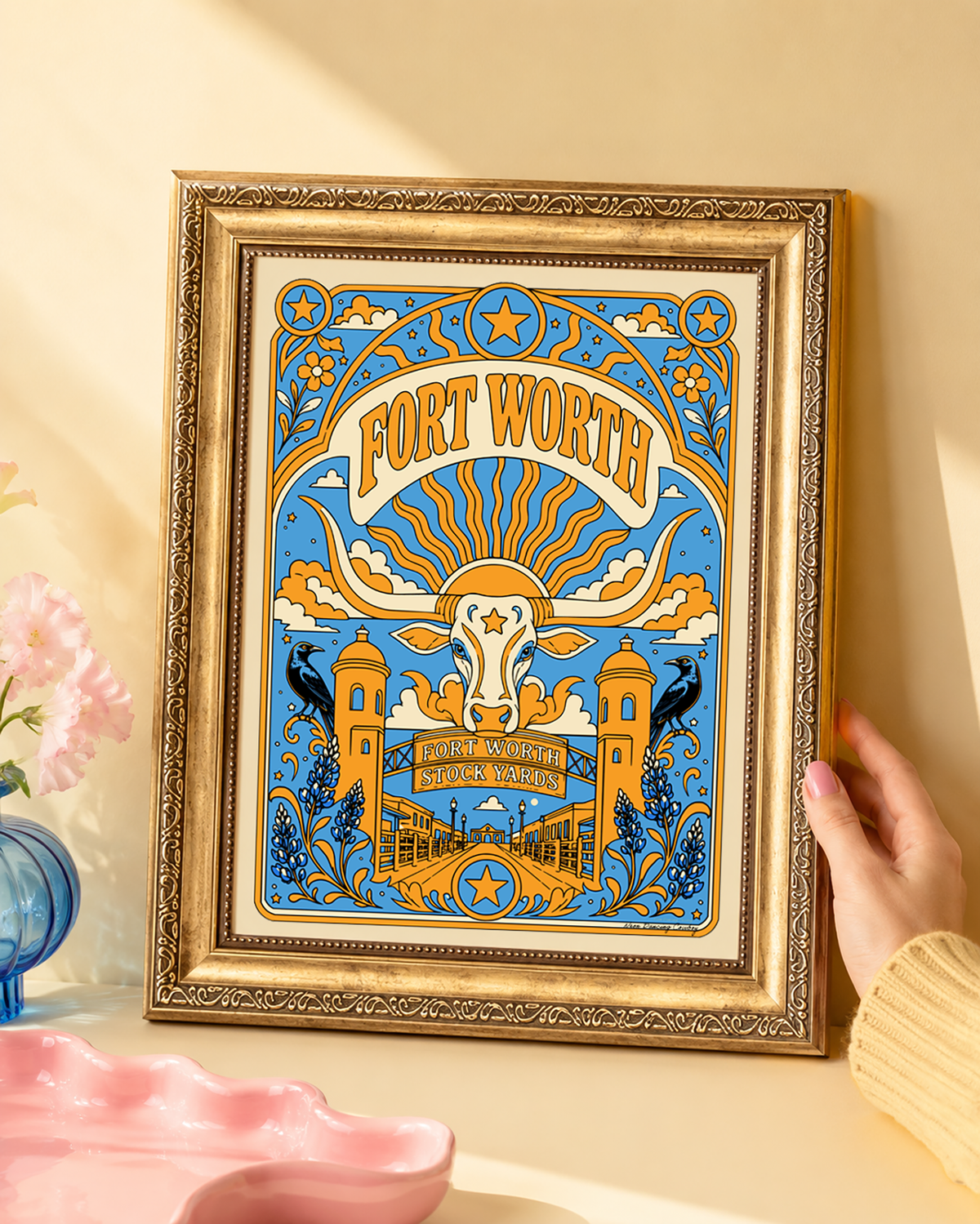 Fort Worth, Texas art print displayed in an ornate vintage-style gold frame