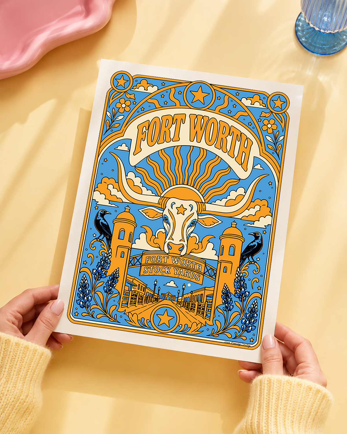 Fort Worth, Texas art print featuring a longhorn and Fort Worth Stockyards landmarks, shown unframed.