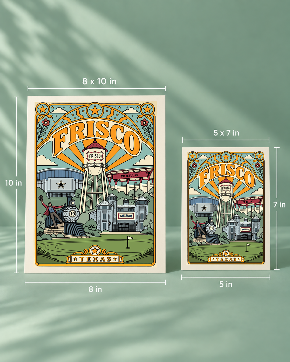 Frisco Texas art print shown in two available print sizes for scale comparison.