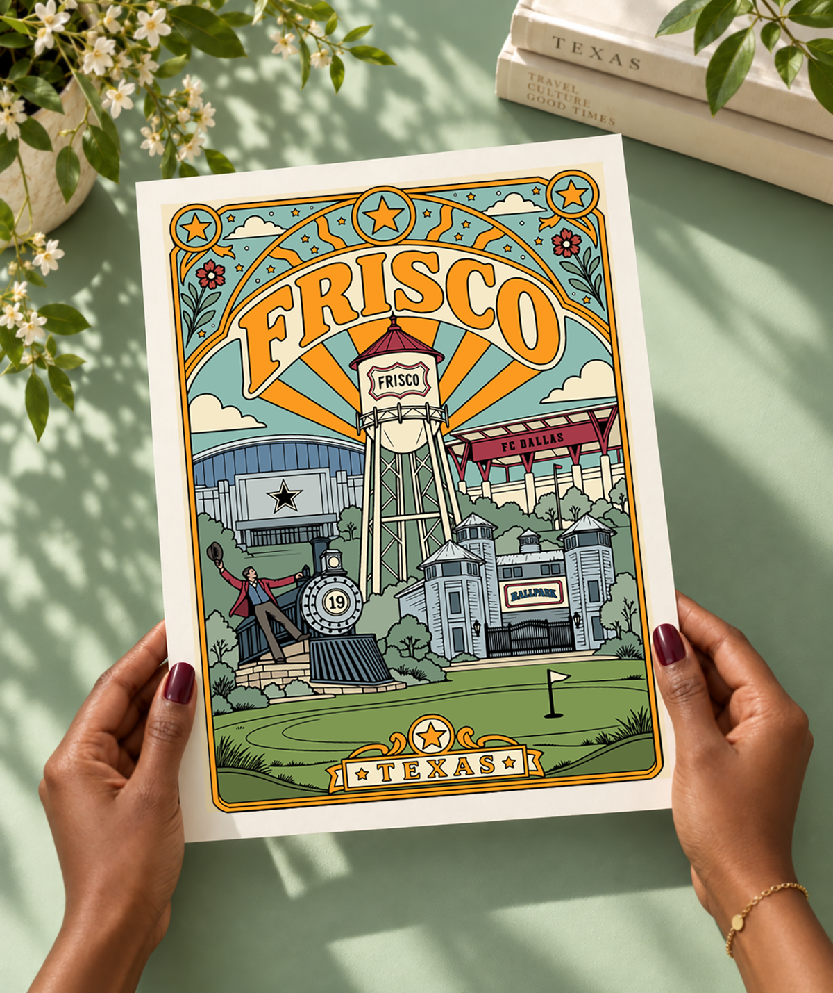 Frisco Texas art print featuring local landmarks in a colorful vintage-inspired travel poster design.