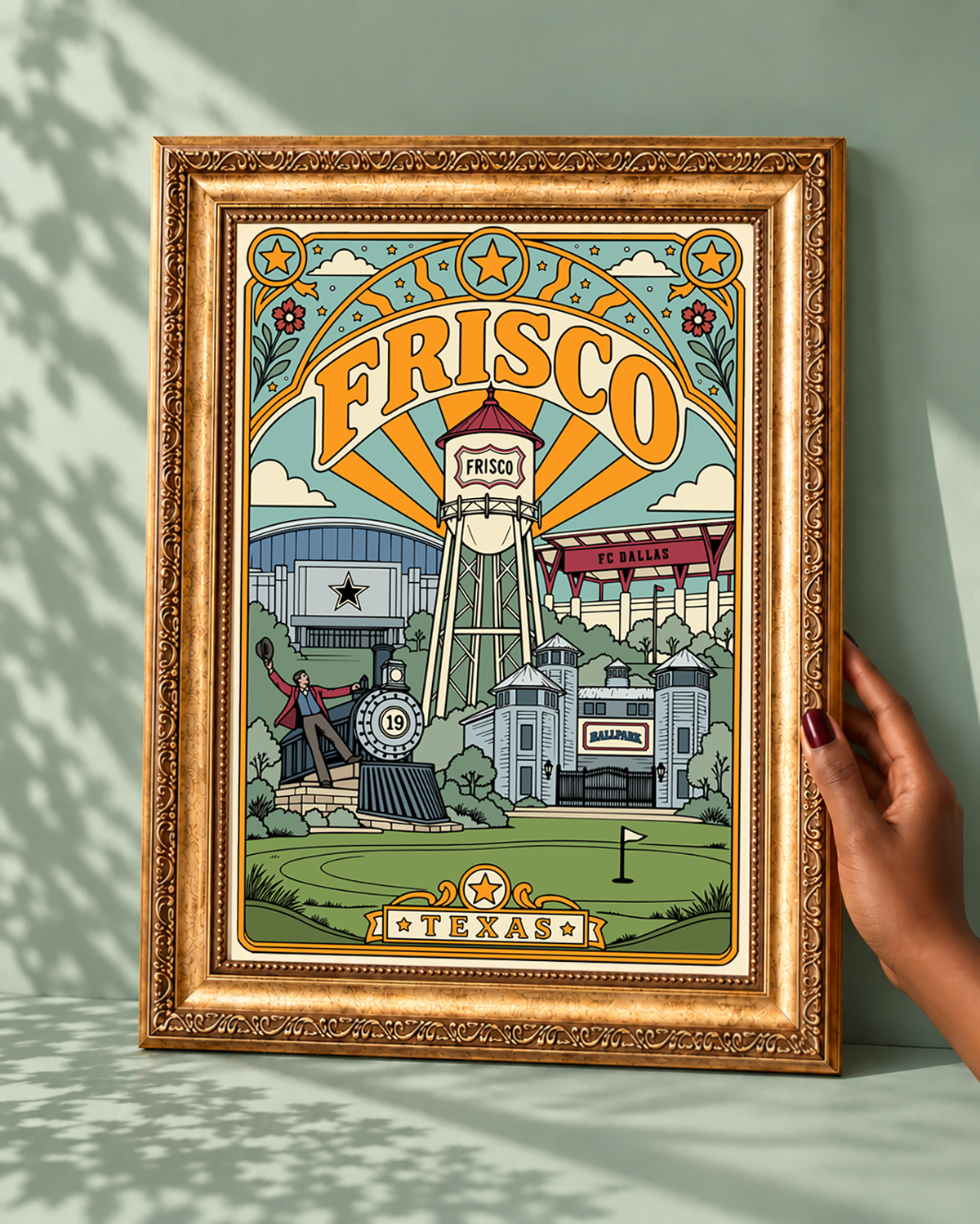 Frisco Texas vintage-style poster displayed in an ornate gold frame with a narrow cream border.