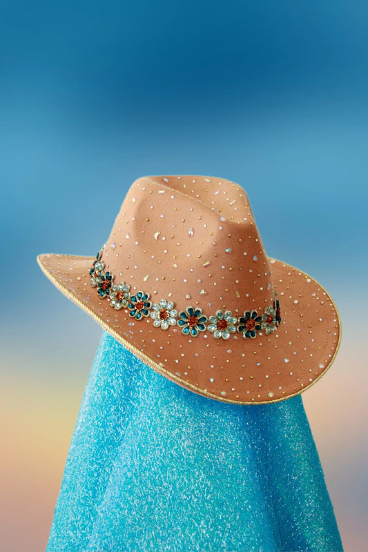 Front view of the Blooming Queen cowboy hat in camel tan with floral rhinestones, gold trim, and teal glitter accents.