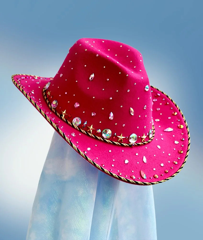 Front view of the Dancing Queen cowboy hat in bright pink with colorful gems, rhinestones, and glitter detailing.