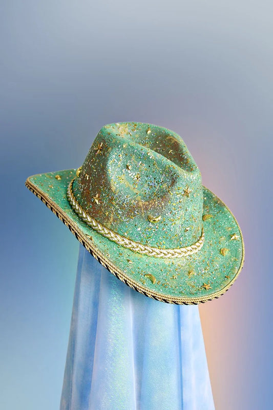 Front view of the Galactic cowboy hat in greenish brown with moon and star rhinestones, gold trim, and teal glitter detailing.