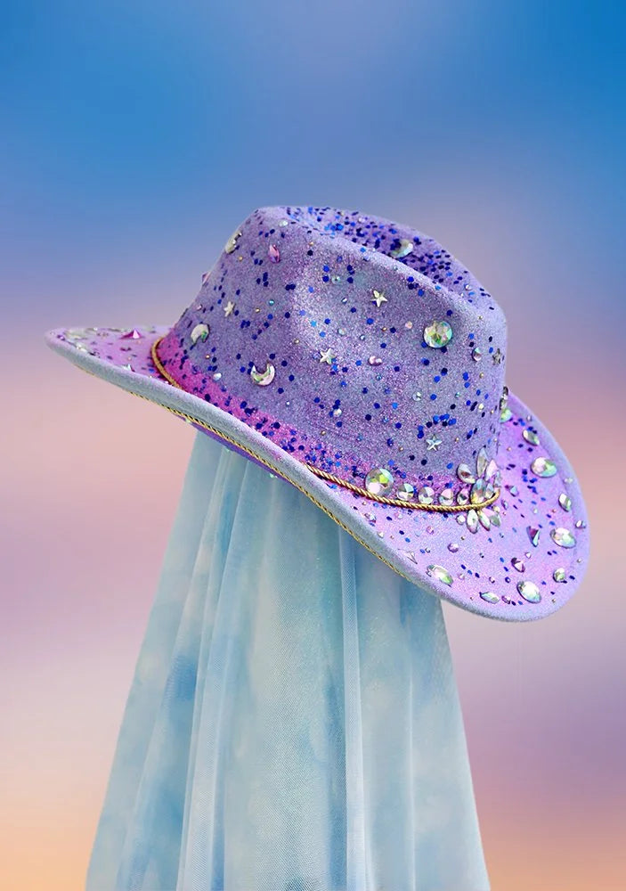 Front view of the Moon Dust cowboy hat in deep purple with moon and star rhinestones and a blue glitter brim.