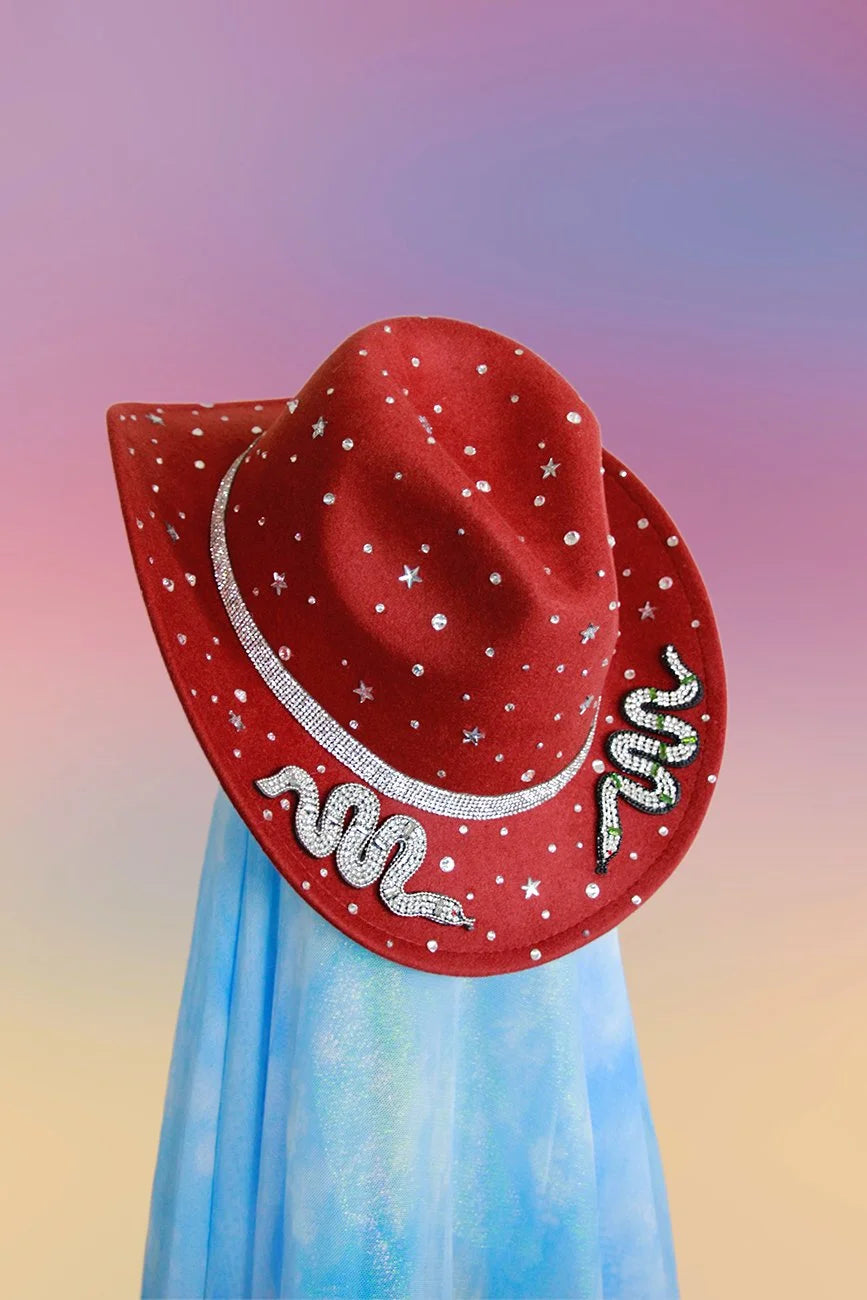 Front view of the Silver Serpent cowboy hat with brown base, silver rhinestones, and twin silver snake accents.