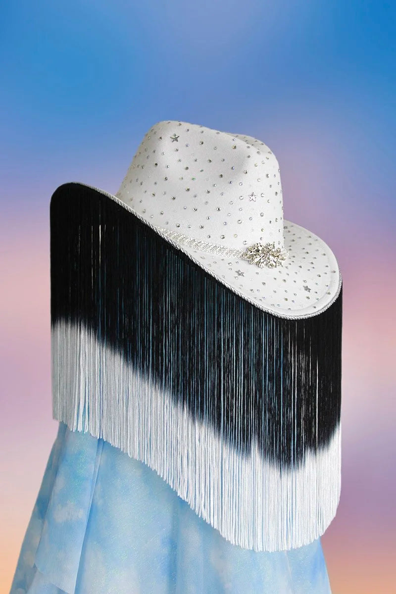 Front view of the Silver Starlight cowboy hat with rhinestones, ombré fringe, silver trim, and star glitter detailing.