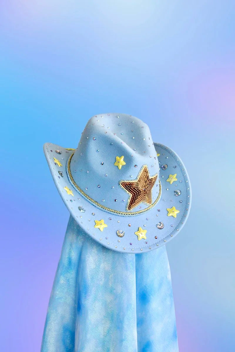 Front view of the Starbright cowboy hat in baby blue with star rhinestones, blue trim, and glitter accents.