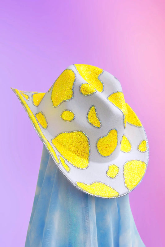 Front view of the Sunshine cowboy hat with bright rhinestones, silver trim, and glitter detailing.