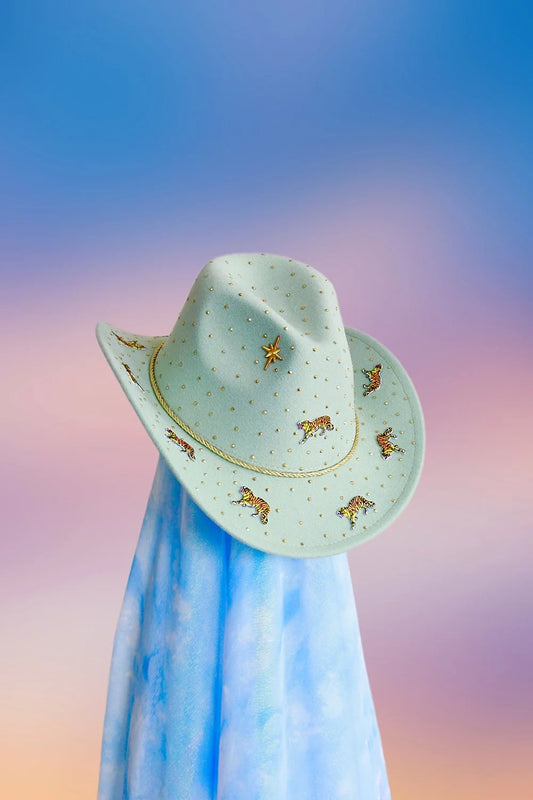 Front view of the Tiger Tales cowboy hat in mint with tiger motifs, gold rhinestones, and glitter detailing.
