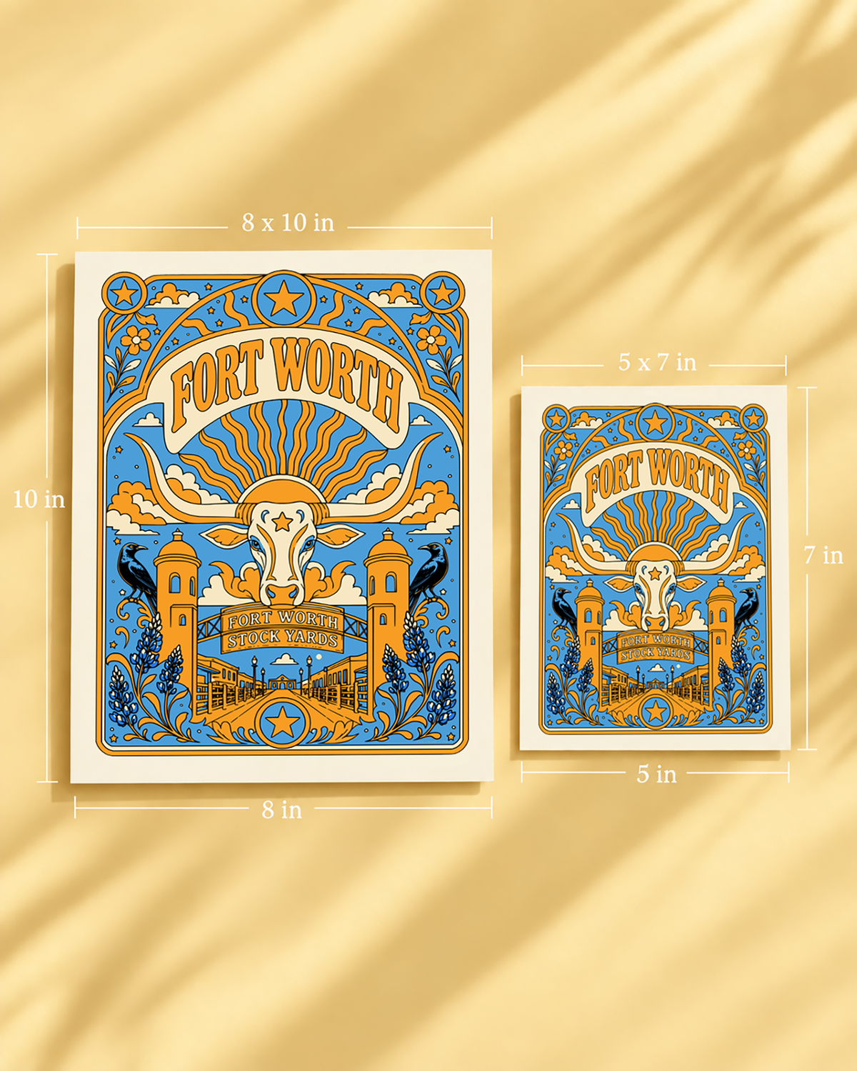 Ft.Worth Texas art print shown in 5 x 7 inch and 8 x 10 inch unframed sizes for scale comparison.
