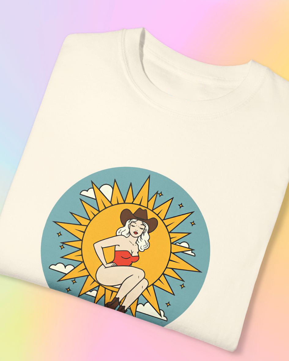 Close-up of Full Moon Goddess western sun illustration printed on classic cotton t-shirt.