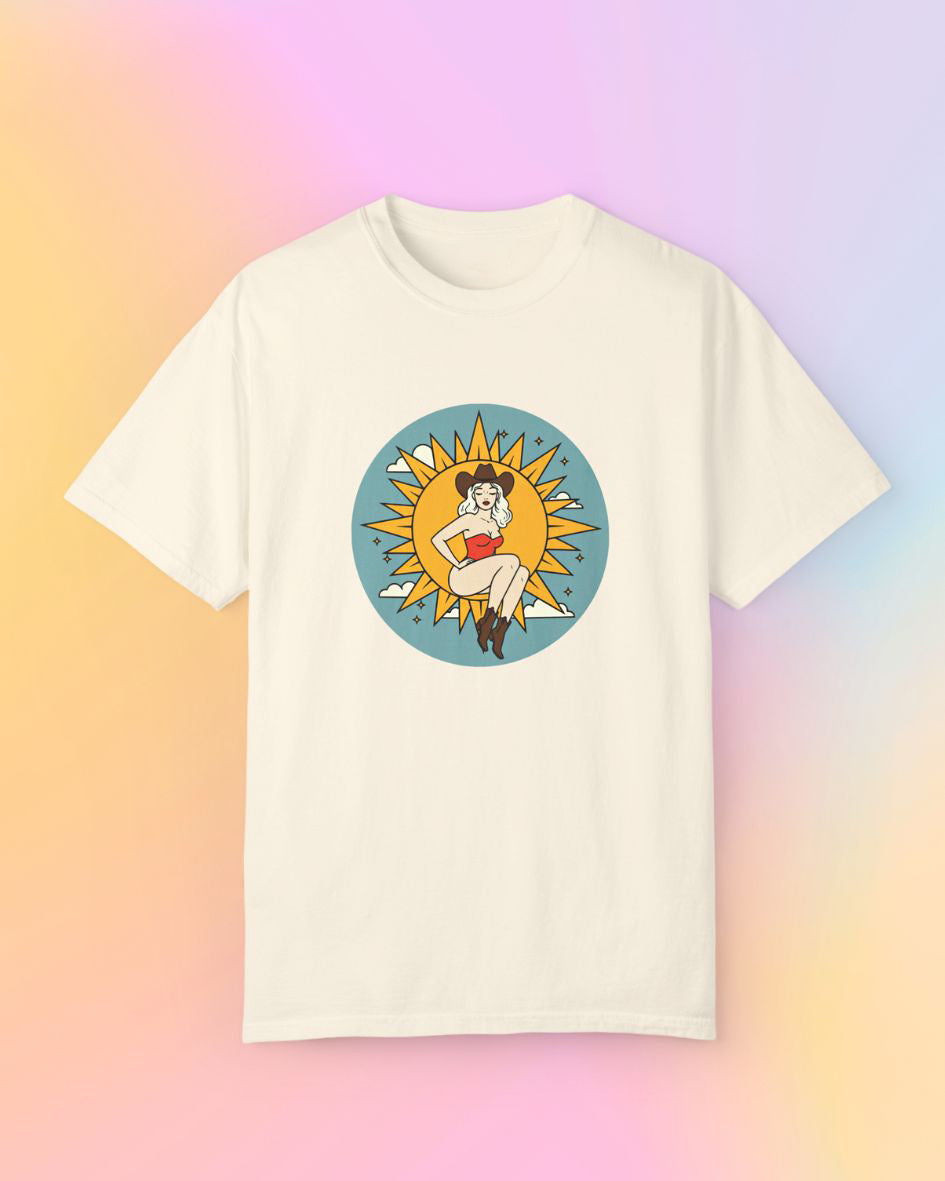 Full Moon Goddess classic t-shirt in ivory, folded flat showing western sun goddess artwork