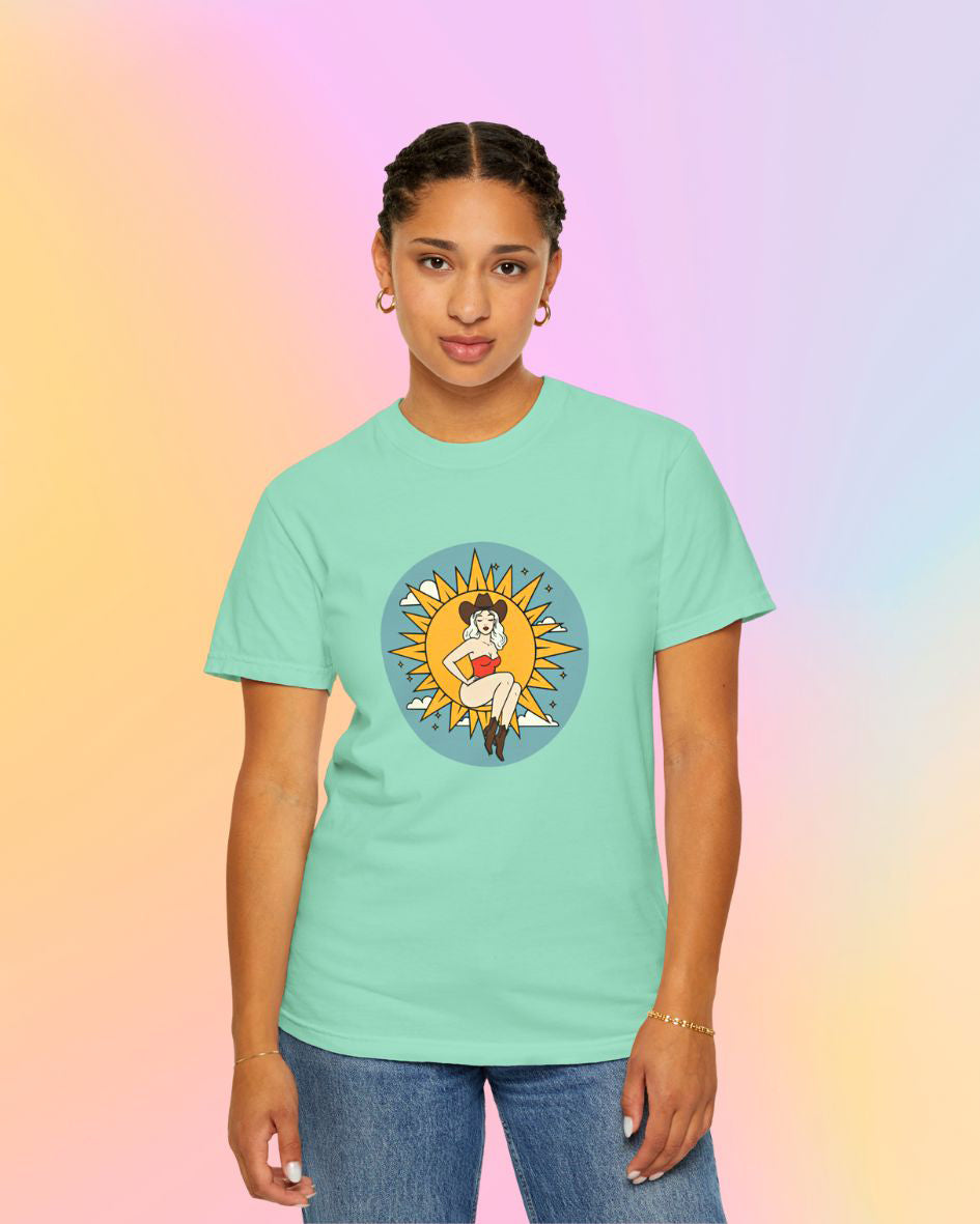Model wearing mint green Full Moon Goddess classic t-shirt with western sun goddess illustration.
