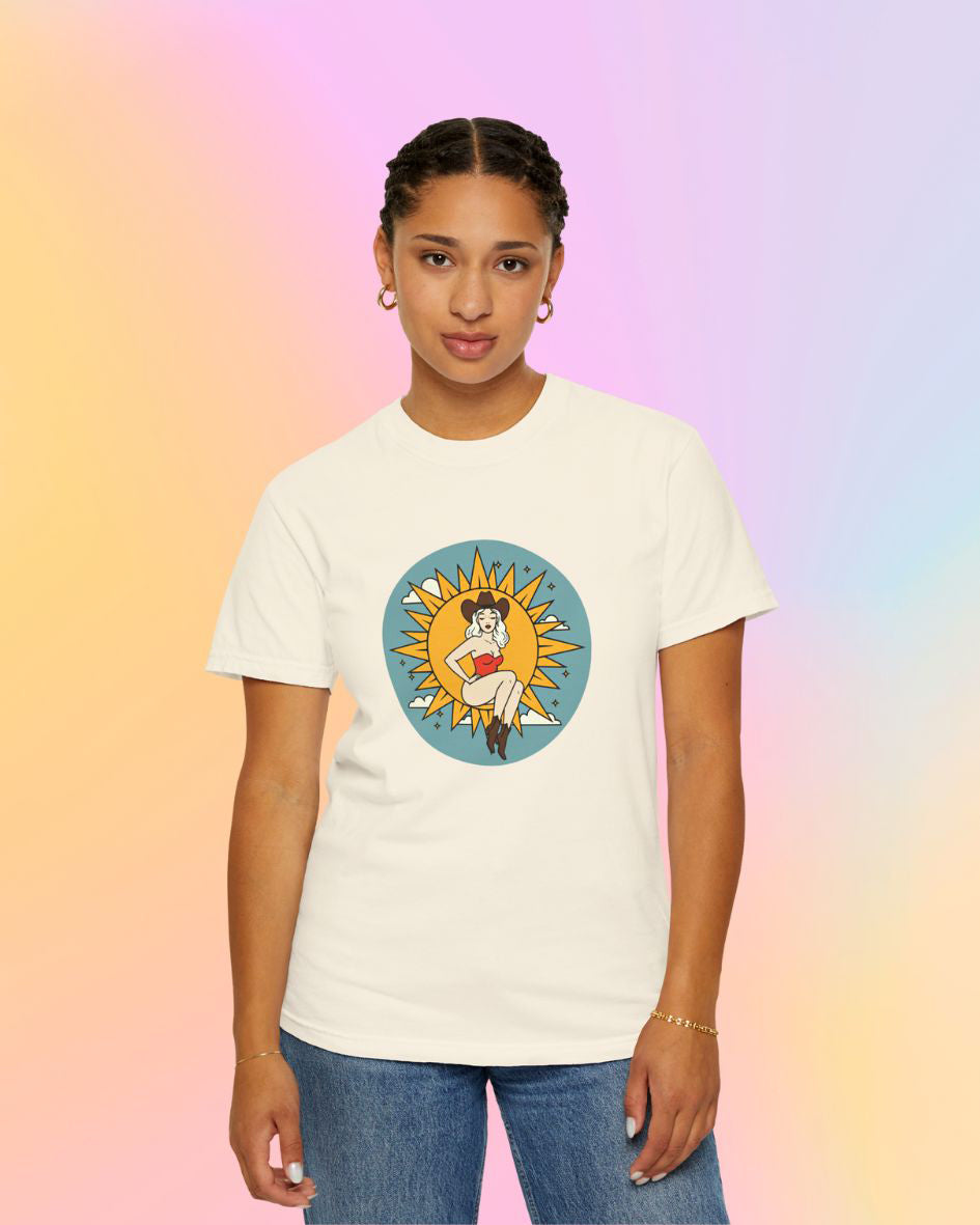 Model wearing ivory Full Moon Goddess classic t-shirt featuring vintage western goddess artwork.