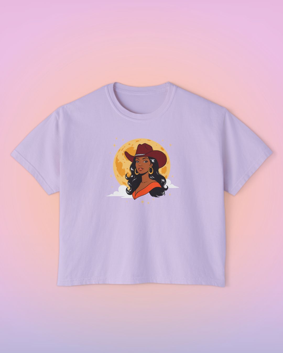 Lavender cropped graphic tee featuring the Full Moon Goddess illustration, a western-inspired cowgirl under a golden moon.