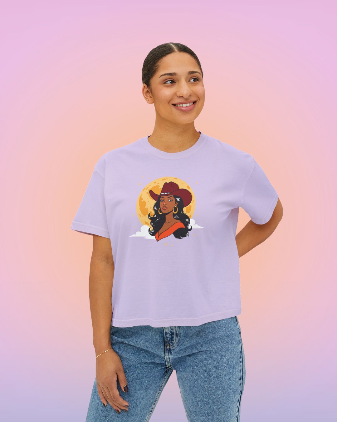 Model wearing the Full Moon Goddess cropped tee, showcasing a boxy fit and western-inspired graphic on the front.