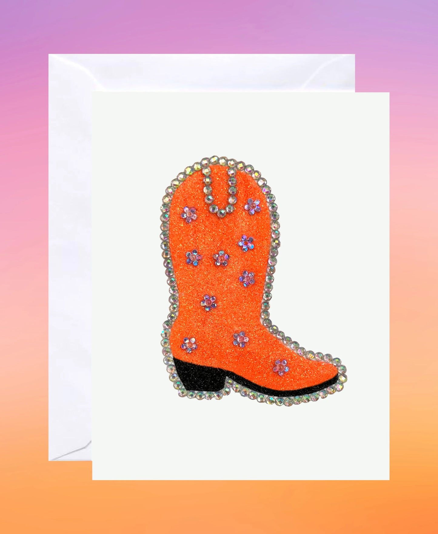 Orange glitter Western boot greeting card embellished with rhinestones and floral details.