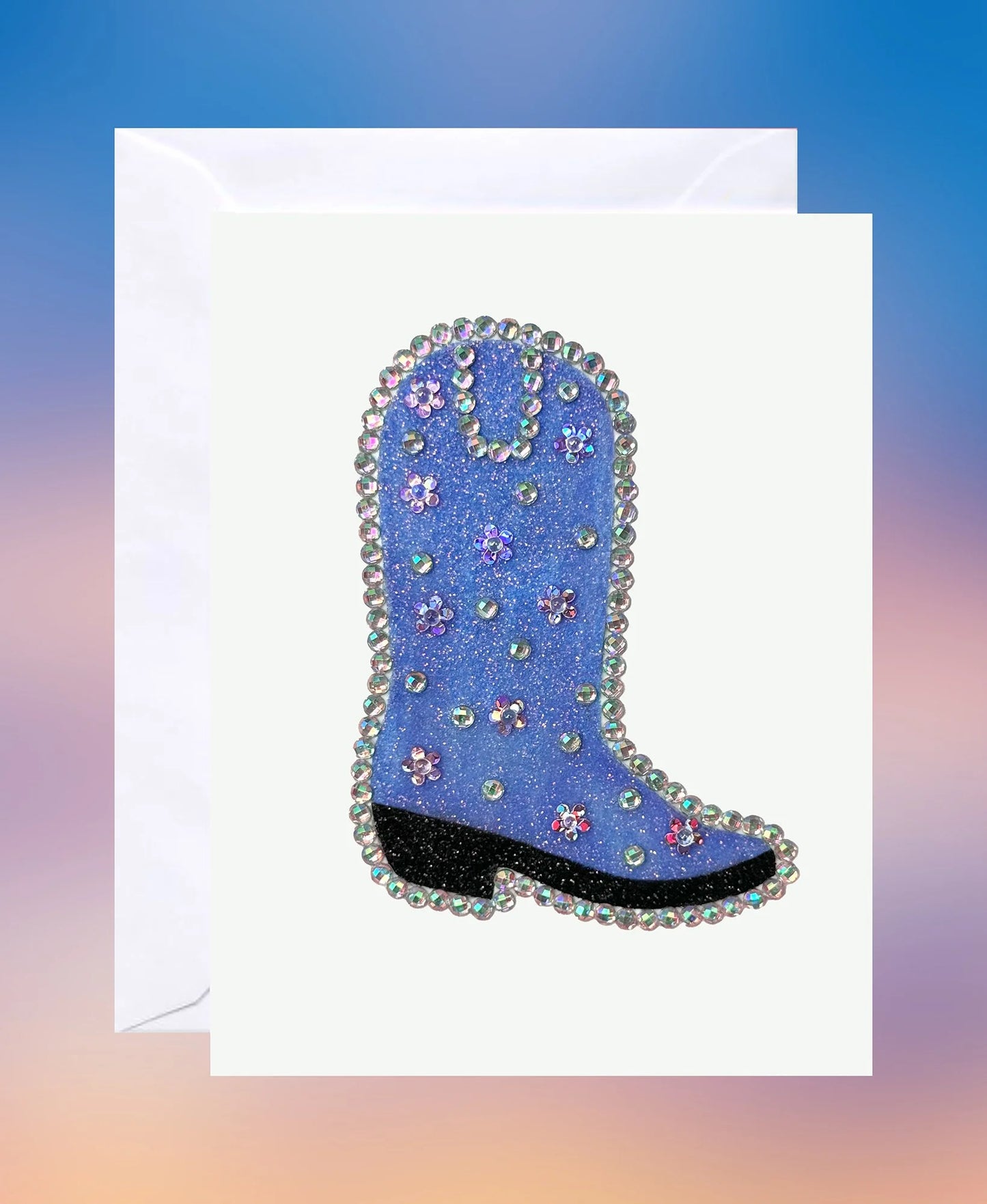 Periwinkle glitter cowboy boot card with iridescent rhinestones on premium white card stock.