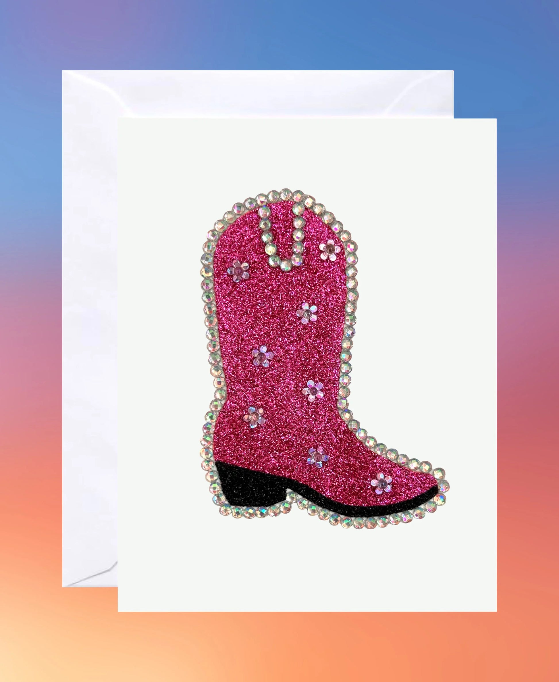 Bright pink glitter cowboy boot card with sparkling rhinestones, handmade on white card stock.