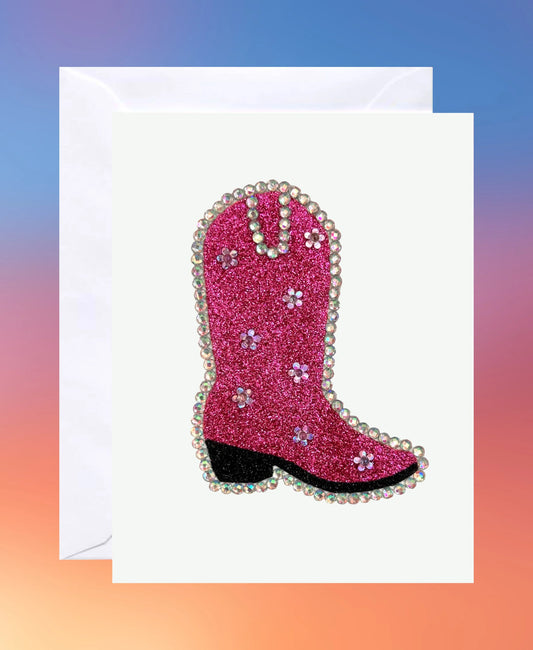 Bright pink glitter cowboy boot card with sparkling rhinestones, handmade on white card stock.