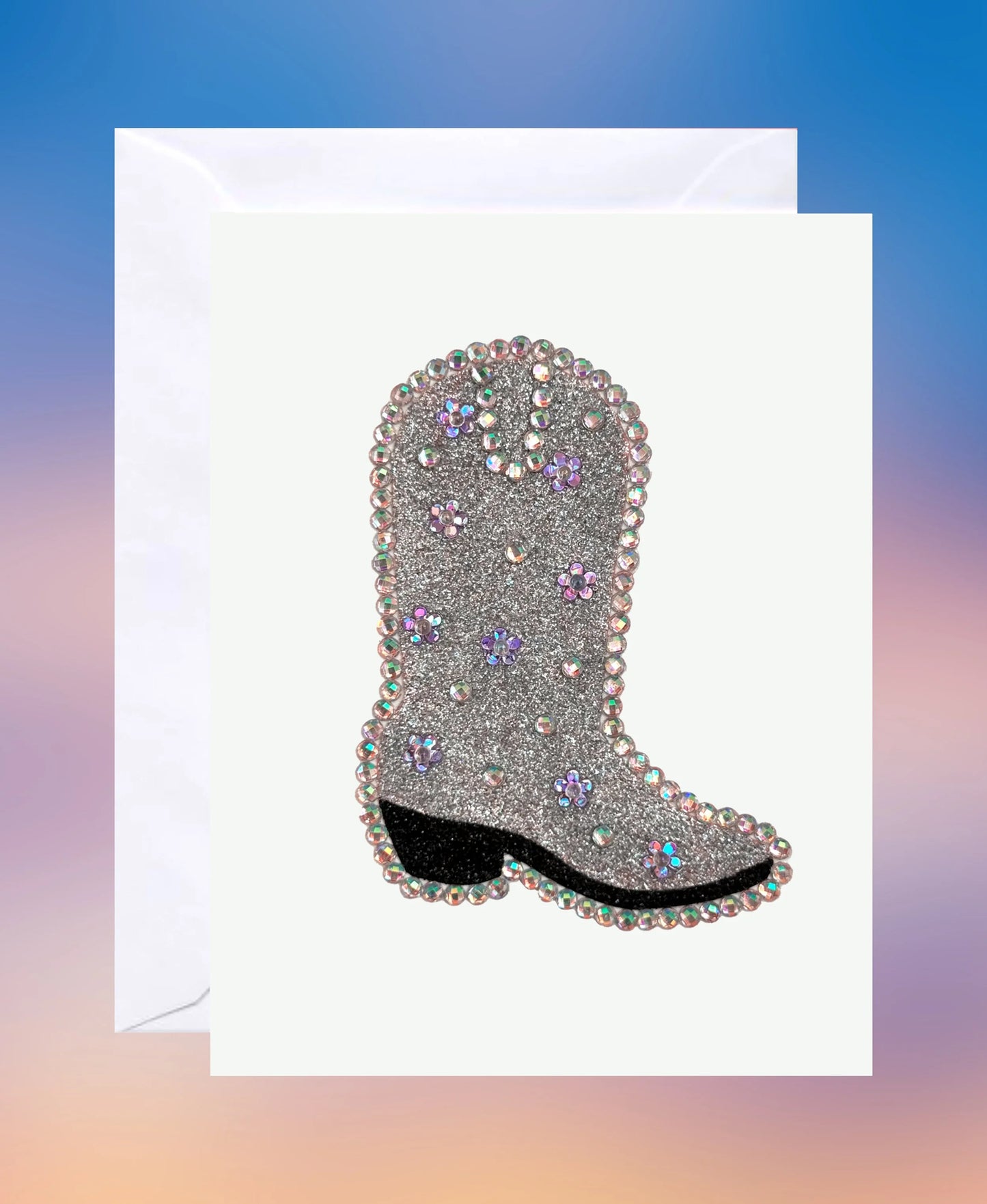 Silver glitter Western boot greeting card decorated with rhinestones and floral accents.