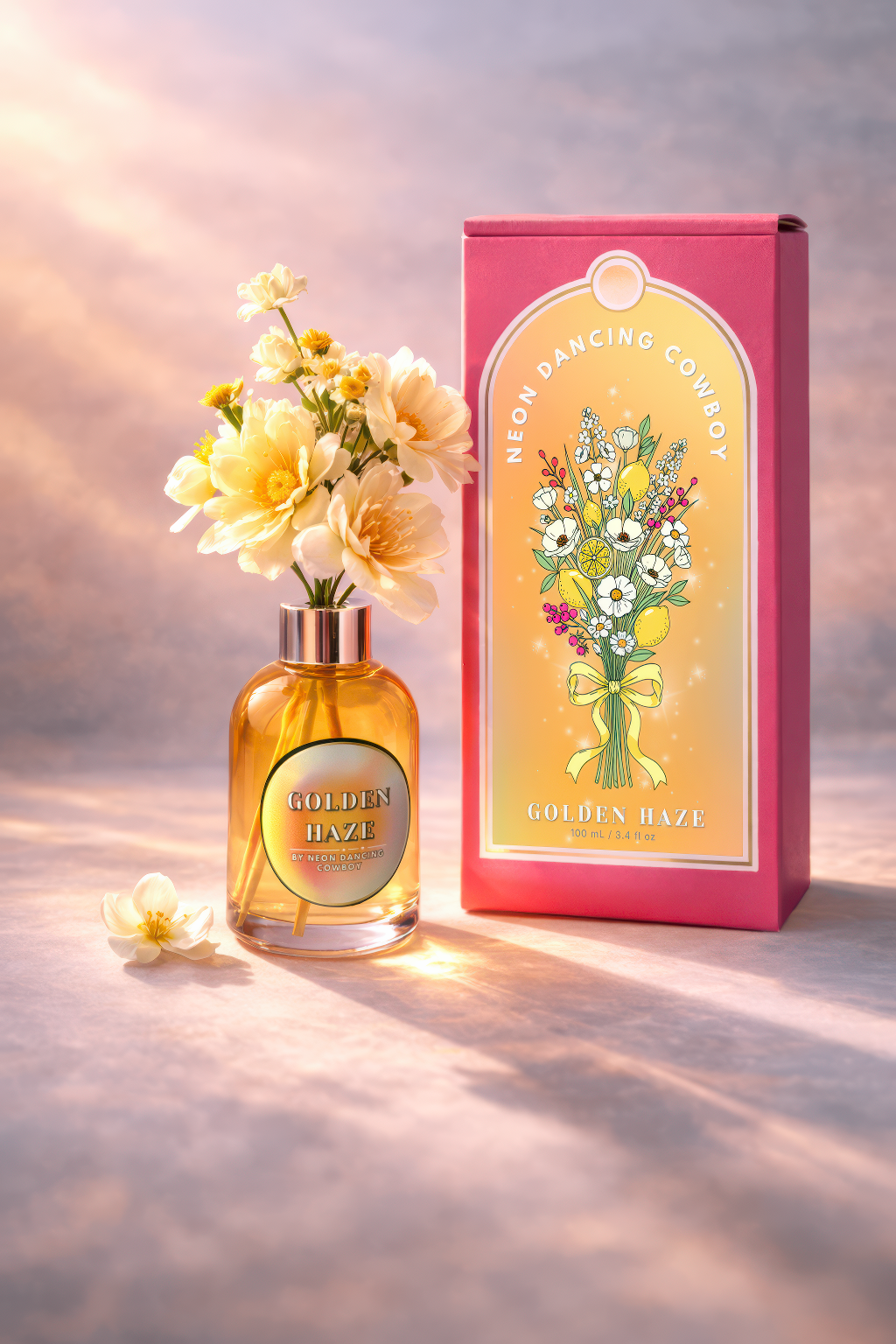 Golden Haze reed diffuser with yellow floral stems displayed beside a pink illustrated box.